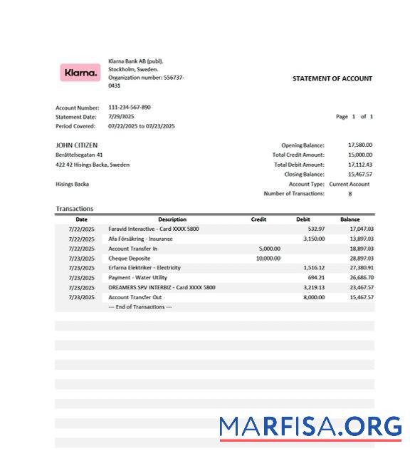 Printable Sweden Klarna bank statement word sample